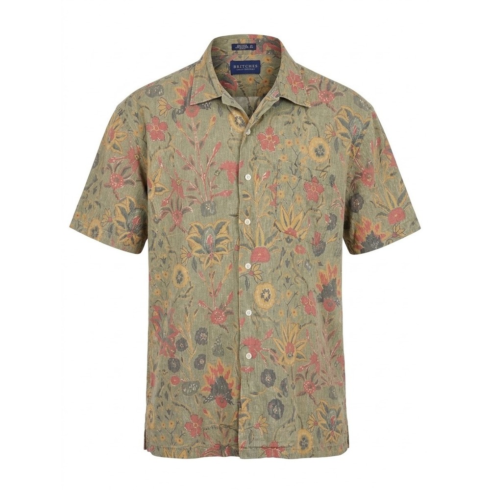 Britches Button Down Hawaiian Shirt XL Green Linen Cotton Floral Short Sleeve